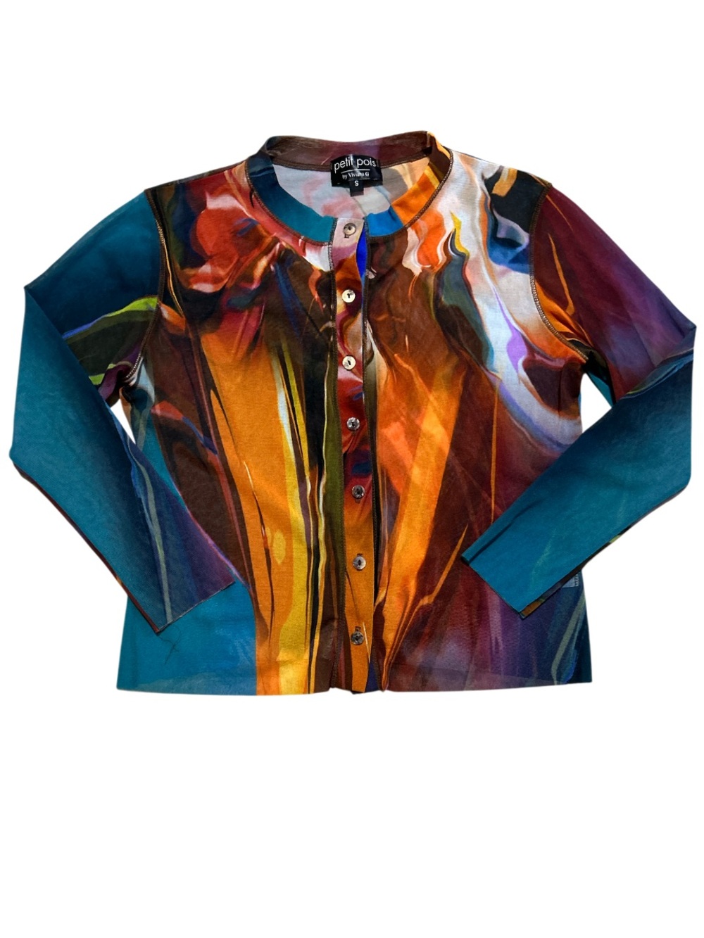 Petit Pois by Viviana G Colorful Abstract Print Button down cropped Blouse S